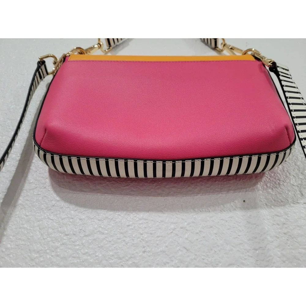 LDT Pink Orange Colorblock Leather Crossbody‎ Bag Striped Strap Purse Handbag #5